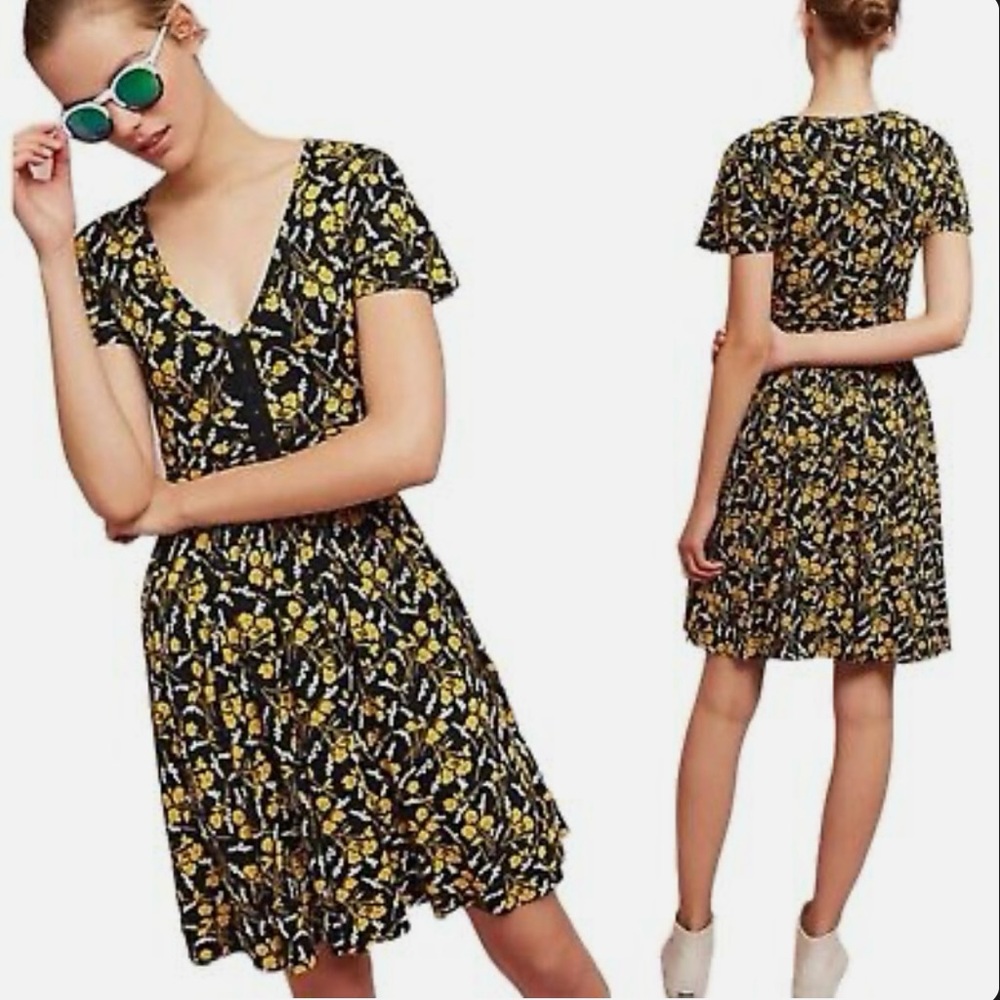 Anthropologie Maeve Women's Black Yellow Summer Breeze Floral Dress Size LargeP